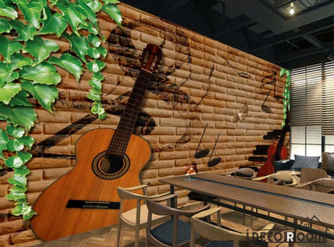 Image of Brown Brick Wall Green Leaves 3D Guitars Restaurant Art Wall Murals Wallpaper Decals Prints Decor IDCWP-JB-001158