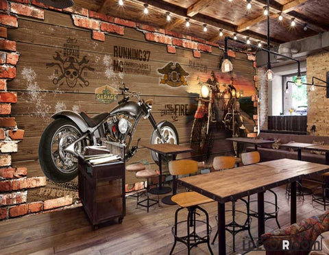 Image of Broken Brick Wall 3D Black Motorbike Restaurant Art Wall Murals Wallpaper Decals Prints Decor IDCWP-JB-001159