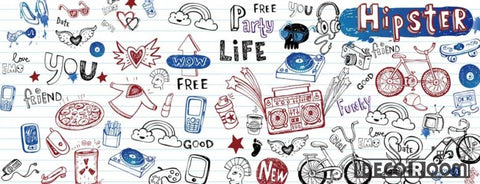 Image of White Wall Hipster Drawing Restaurant Art Wall Murals Wallpaper Decals Prints Decor IDCWP-JB-001169