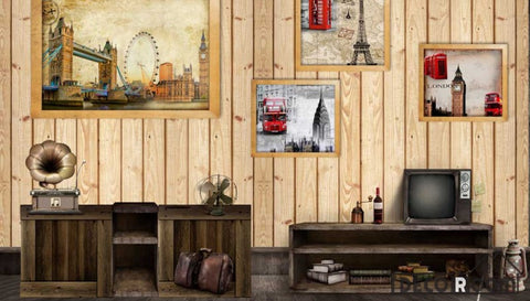 Image of Wooden Wall 3D Photography London Restaurant Living Room Art Wall Murals Wallpaper Decals Prints Decor IDCWP-JB-001175