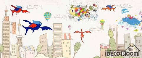 Image of Kids Cartoon Illustration Flying Fish Restaurant Art Wall Murals Wallpaper Decals Prints Decor IDCWP-JB-001176