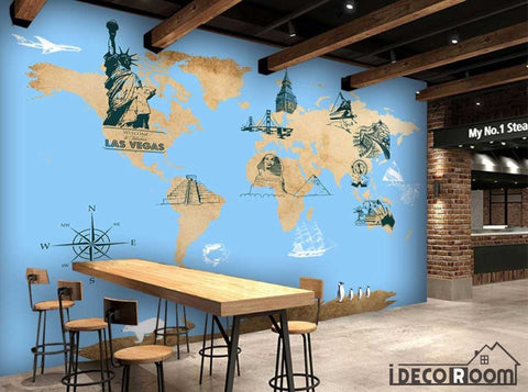 Image of Drawing World Map Icon City Monuments Restaurant Art Wall Murals Wallpaper Decals Prints Decor IDCWP-JB-001179