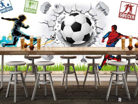 Image of White Wall 3D Football Ball Breaking Through Wall Soccer Players Restaurant Art Wall Murals Wallpaper Decals Prints Decor IDCWP-JB-001180
