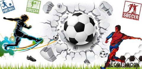 Image of White Wall 3D Football Ball Breaking Through Wall Soccer Players Restaurant Art Wall Murals Wallpaper Decals Prints Decor IDCWP-JB-001180