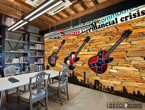 Image of 3D Electric Guitar Hanging Brick Wall Restaurant Art Wall Murals Wallpaper Decals Prints Decor IDCWP-JB-001186