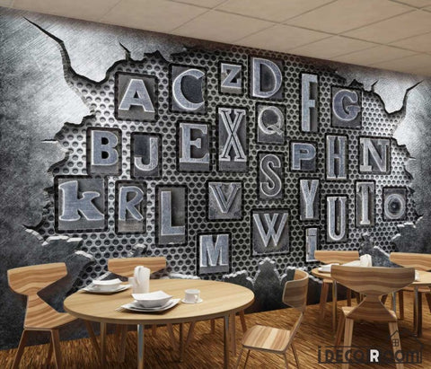 Image of Broken Metal Wall 3D Typography Letters Living Room Restaurant Art Wall Murals Wallpaper Decals Prints Decor IDCWP-JB-001187