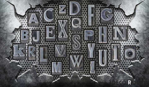 Image of Broken Metal Wall 3D Typography Letters Living Room Restaurant Art Wall Murals Wallpaper Decals Prints Decor IDCWP-JB-001187