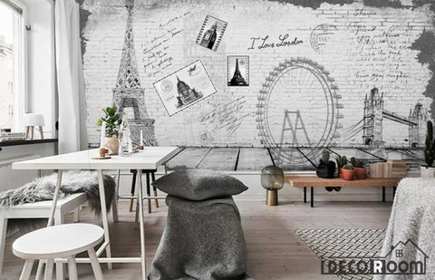 Image of White Wall Drawing Eiffel Tower London Eye Tower Bridge Living Room Art Wall Murals Wallpaper Decals Prints Decor IDCWP-JB-001188