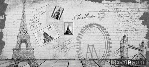 Image of White Wall Drawing Eiffel Tower London Eye Tower Bridge Living Room Art Wall Murals Wallpaper Decals Prints Decor IDCWP-JB-001188