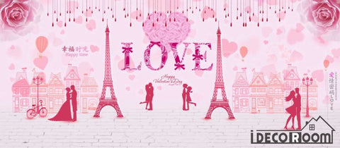 Image of Pink Wall Drawing Eiffel Tower Love Living Room Art Wall Murals Wallpaper Decals Prints Decor IDCWP-JB-001192