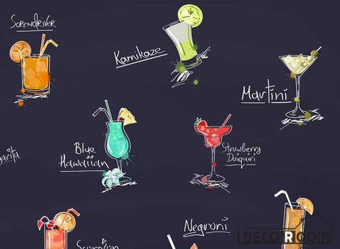 Image of Drawing Cocktail Drinks On Wall Restaurant Art Wall Murals Wallpaper Decals Prints Decor IDCWP-JB-001195