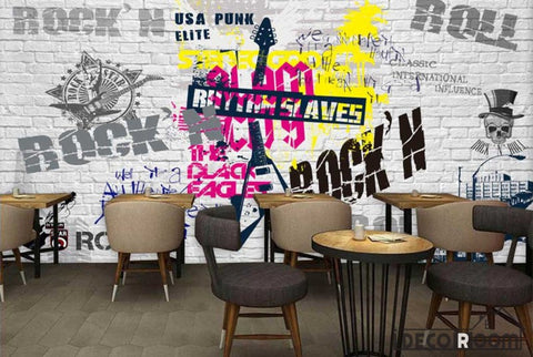 Image of White Brick Wall Graphic Design Rock And Roll Letters Restaurant Art Wall Murals Wallpaper Decals Prints Decor IDCWP-JB-001215