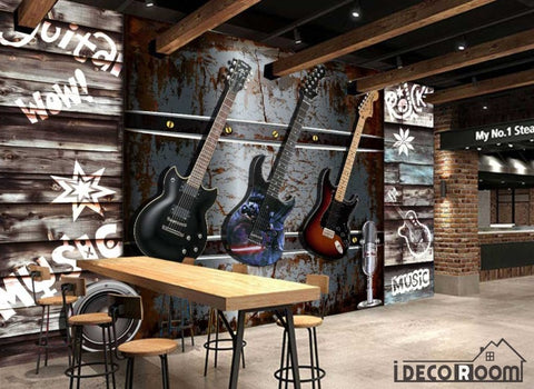 Image of 3D Electric Guitar Hanging Metal Wall Restaurant Art Wall Murals Wallpaper Decals Prints Decor IDCWP-JB-001216