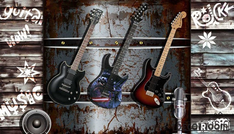 Image of 3D Electric Guitar Hanging Metal Wall Restaurant Art Wall Murals Wallpaper Decals Prints Decor IDCWP-JB-001216