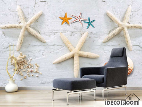 Image of 3D White Starfishes On White Wall Living Room Restaurant Art Wall Murals Wallpaper Decals Prints Decor IDCWP-JB-001232