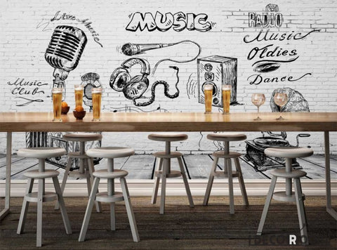 Image of White Brick Wall Black And White Drawing Music Restaurant Bar Art Wall Murals Wallpaper Decals Prints Decor IDCWP-JB-001237
