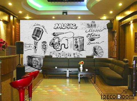 Image of White Brick Wall Black And White Drawing Music Restaurant Bar Art Wall Murals Wallpaper Decals Prints Decor IDCWP-JB-001237