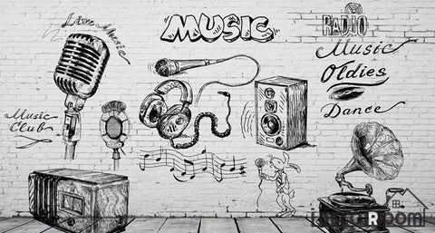 Image of White Brick Wall Black And White Drawing Music Restaurant Bar Art Wall Murals Wallpaper Decals Prints Decor IDCWP-JB-001237
