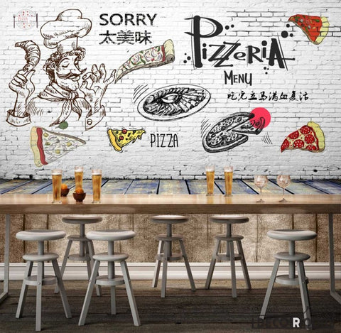 Image of White Brick Wall Black And White Drawing Pizza Pizzeria Restaurant Art Wall Murals Wallpaper Decals Prints Decor IDCWP-JB-001239