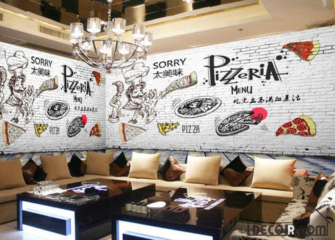 Image of White Brick Wall Black And White Drawing Pizza Pizzeria Restaurant Art Wall Murals Wallpaper Decals Prints Decor IDCWP-JB-001239
