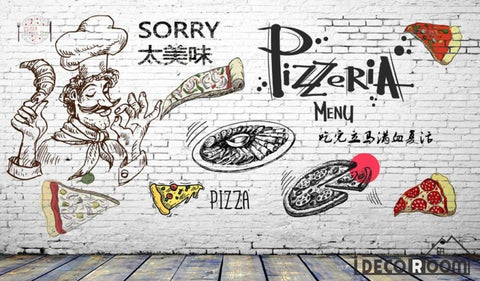 Image of White Brick Wall Black And White Drawing Pizza Pizzeria Restaurant Art Wall Murals Wallpaper Decals Prints Decor IDCWP-JB-001239