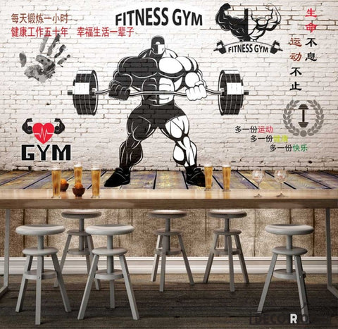 Image of White Brick Wall Black And White Fitness Gym Drawing Restaurant Art Wall Murals Wallpaper Decals Prints Decor IDCWP-JB-001240