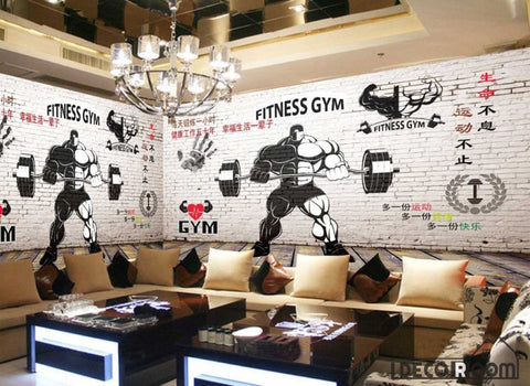 Image of White Brick Wall Black And White Fitness Gym Drawing Restaurant Art Wall Murals Wallpaper Decals Prints Decor IDCWP-JB-001240