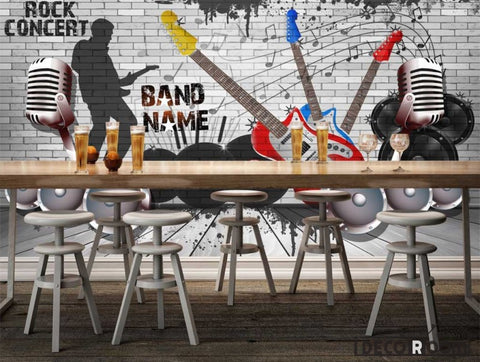 Image of Black And White Brick Wall Drawing Electric Guitars Music Rock Restaurant Living Room Art Wall Murals Wallpaper Decals Prints Decor IDCWP-JB-001255
