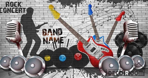 Image of Black And White Brick Wall Drawing Electric Guitars Music Rock Restaurant Living Room Art Wall Murals Wallpaper Decals Prints Decor IDCWP-JB-001255