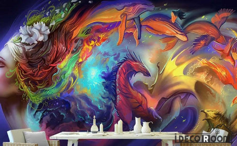 Image of Rainbow hair woman dragon mural