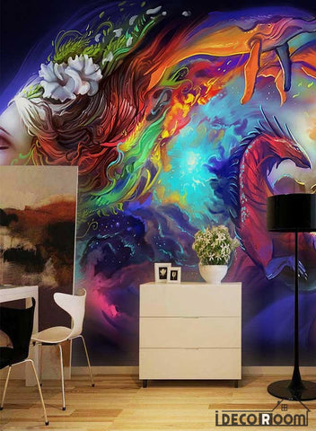 Image of Rainbow Hair Woman Dragon Mural IDCWP-JB-001257