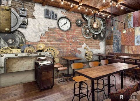 Image of 3D Gears On Red Brick Wall Restaurant Art Wall Murals Wallpaper Decals Prints Decor IDCWP-JB-001266