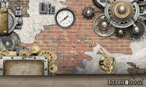 Image of 3D Gears On Red Brick Wall Restaurant Art Wall Murals Wallpaper Decals Prints Decor IDCWP-JB-001266