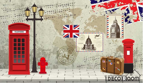 Image of 3D London Cabin Phone Letterbox Flag Living Room Bedroom Art Wall Murals Wallpaper Decals Prints Decor IDCWP-JB-001268