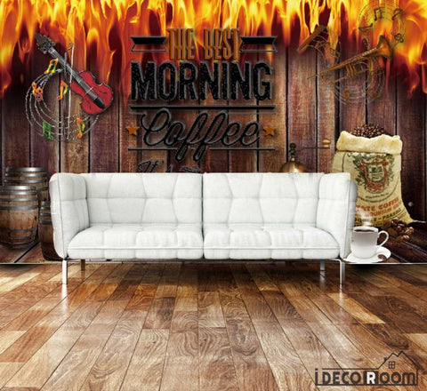Image of Wooden Wall On Fire Morning Coffee Living Room Art Wall Murals Wallpaper Decals Prints Decor IDCWP-JB-001269