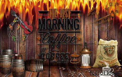 Image of Wooden Wall On Fire Morning Coffee Living Room Art Wall Murals Wallpaper Decals Prints Decor IDCWP-JB-001269