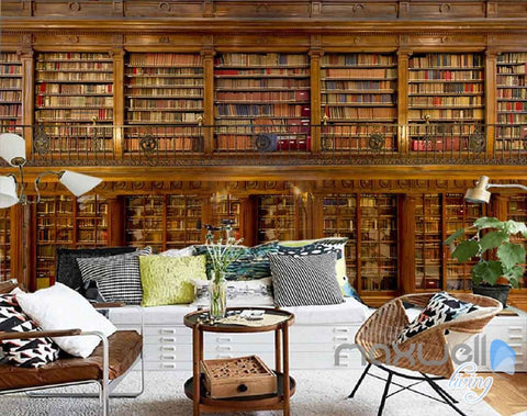Image of 3D Retro Libary Bookshelf Wall Paper Mural Art Print Decals Office Decor IDCWP-SJ-000001