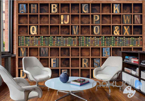 Image of 3D Retro Alphabet Bookcase Wall Paper Mural Art Print Decals Business Decor IDCWP-SJ-000009