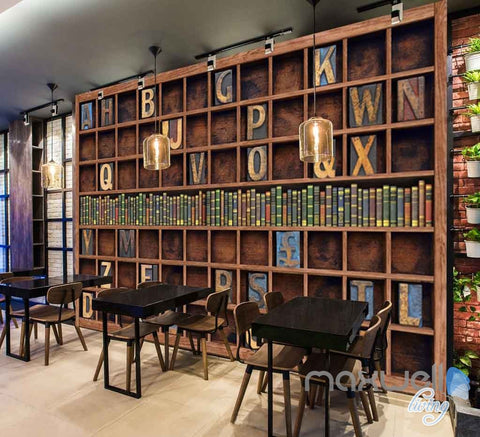 Image of 3D Retro Alphabet Bookcase Wall Paper Mural Art Print Decals Business Decor IDCWP-SJ-000009