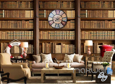 Image of 3D Retro Clock Book Shelf Wall Paper Mural Art Print Decals Business Decor IDCWP-SJ-000010