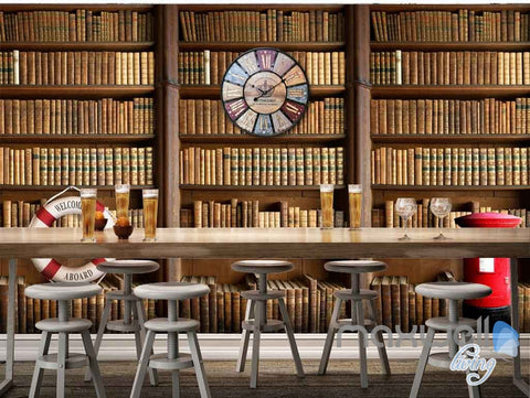 Image of 3D Retro Clock Book Shelf Wall Paper Mural Art Print Decals Business Decor IDCWP-SJ-000010