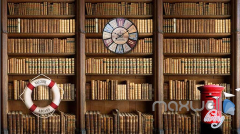 Image of 3D Retro Clock Book Shelf Wall Paper Mural Art Print Decals Business Decor IDCWP-SJ-000010