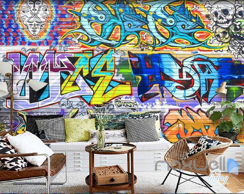 Image of 3D Graffiti Brick Skull Wall Paper Murals Art Print Decals Decor IDCWP-TY-000004
