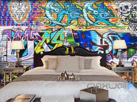 Image of 3D Graffiti Brick Skull Wall Paper Murals Art Print Decals Decor IDCWP-TY-000004