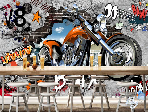 Image of 3D Graffiti Motorbike Break Brick Wall Art Murals Paper Print Decals Decor IDCWP-TY-000079