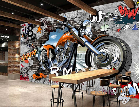 Image of 3D Graffiti Motorbike Break Brick Wall Art Murals Paper Print Decals Decor IDCWP-TY-000079
