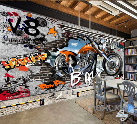 Image of 3D Graffiti Motorbike Break Brick Wall Art Murals Paper Print Decals Decor IDCWP-TY-000079