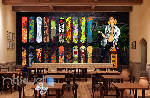 Image of Colorful surfboard graffiti wall mural with painted boards