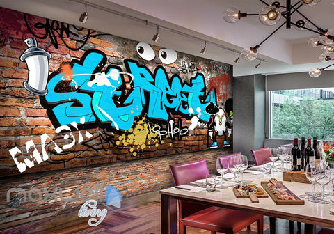 Image of 3D Graffiti Eyes Blue Words Bricks Wall Murals Wallpaper Wall Art Decals Decor IDCWP-TY-000114