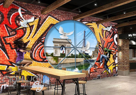 Image of 3D Graffiti Window Bird Paris Wall Murals Wallpaper Wall Art Decals Decor IDCWP-TY-000146
